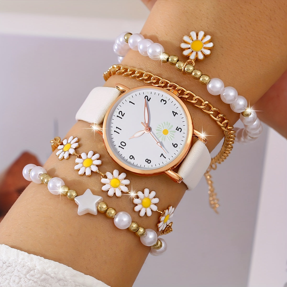 1pc Women'S Boho Round Analog-Digital Quartz Watch, Faux Leather Strap with Flower Details, Non- Alloy Case, Button Battery (Diameter <20mm), with 4pcs Holiday Daisy Bracelet Watch Set for Women
